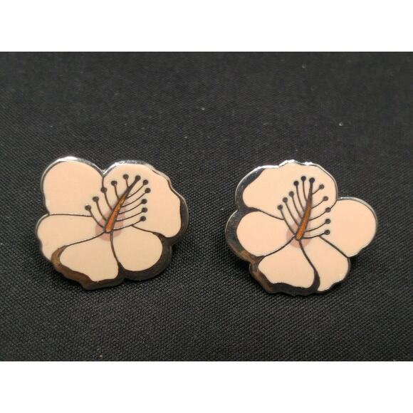 Laurel Burch "Hibiscus" Pink Post Earrings, Rhodium Plated Silver Tone, 1980s - Picture 8 of 10